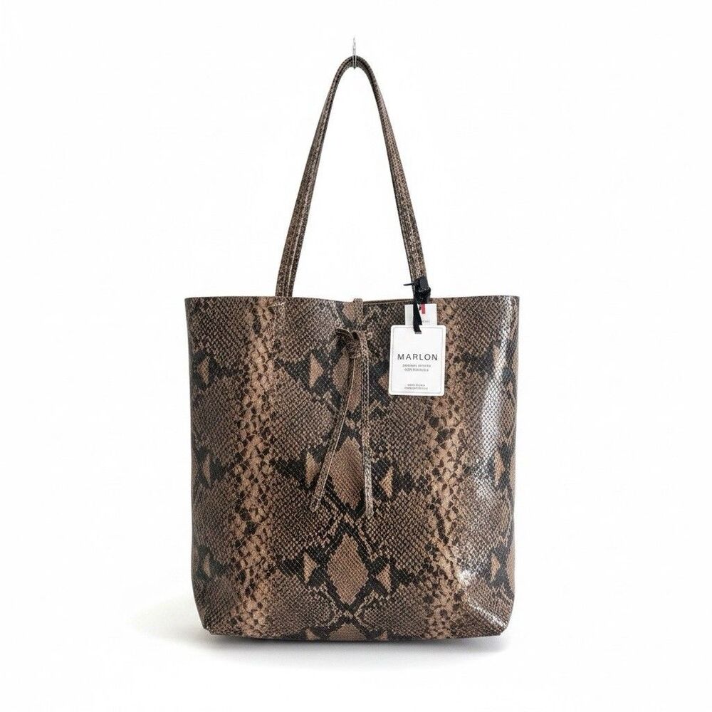 NWT Marlon Italian Leather Snakeskin Print Tote Bag Brown Lizard Made Italy